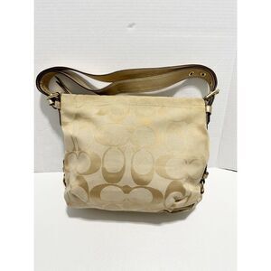 Coach Beige Signature Canvas C Print‎ Canvas Leather Trim Hobo Shoulder Bag Gold